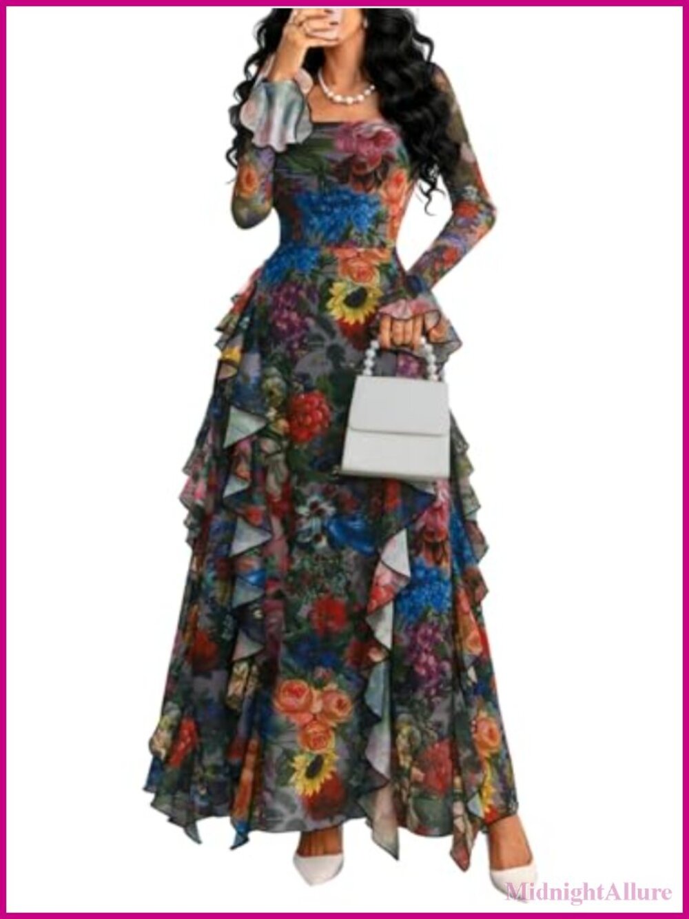 Women's Floral Tiered Ruffle Midi Dress Square Neck Long Sleeve Party